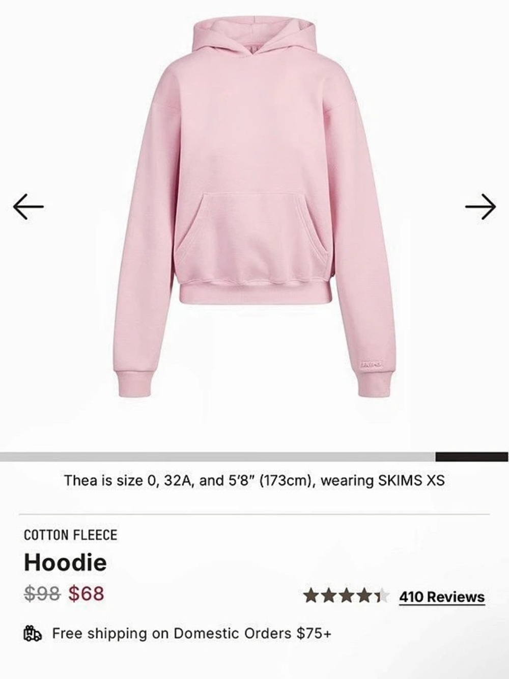 SKIMS Cotton Fleece Hoodie Pink Size Large New
